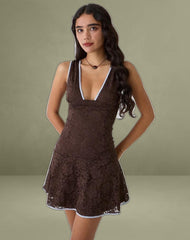 Luscian Mini Dress in Lace Chocolate with Blue Binding