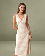 Beige V-neck Ruched Sleeveless Midi Dress