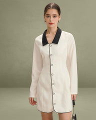 White Contrasting Button-Up Mini Dress