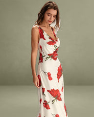 Red Floral Satin Slip Maxi Dress