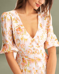 Orange Floral V-Neck Puffed Sleeve Maxi Dress