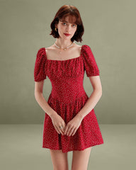 Red Polka Dot Square Neck Mini Dress