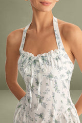 Green Floral Ruched Lace Halter Midi Dress