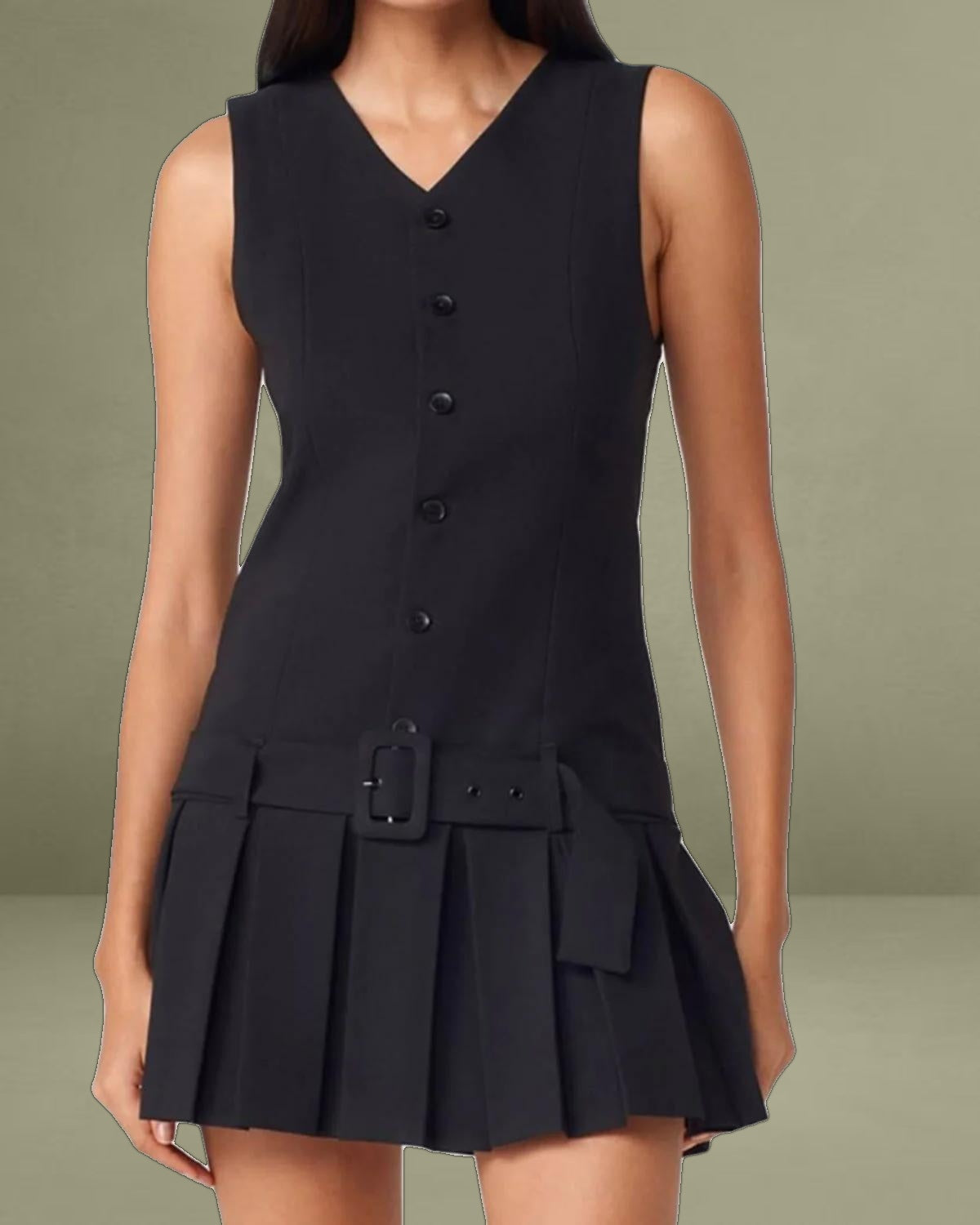 Black V-Neck Sleeveless Belted Mini Dress
