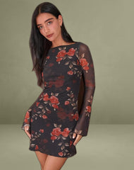 Sevila Long Sleeve Mini Dress in Black Watercolour Rose