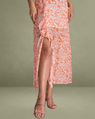 The Orange V Neck Floral Ruffle Maxi Dress