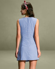 The Blue Boat Neck Cotton Plaid Mini Dress
