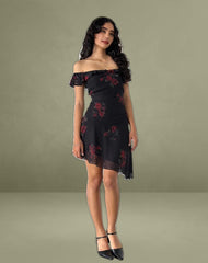 Ursula Bardot Mini Dress in Black Vintage Rose