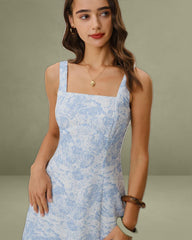 Blue Floral Square Neck A-Line Slip Mini Dress