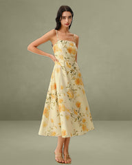 Yellow Floral Shirred Slip Midi Vacation Dress