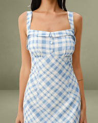 Blue Plaid Square Neck Slip Midi Dress