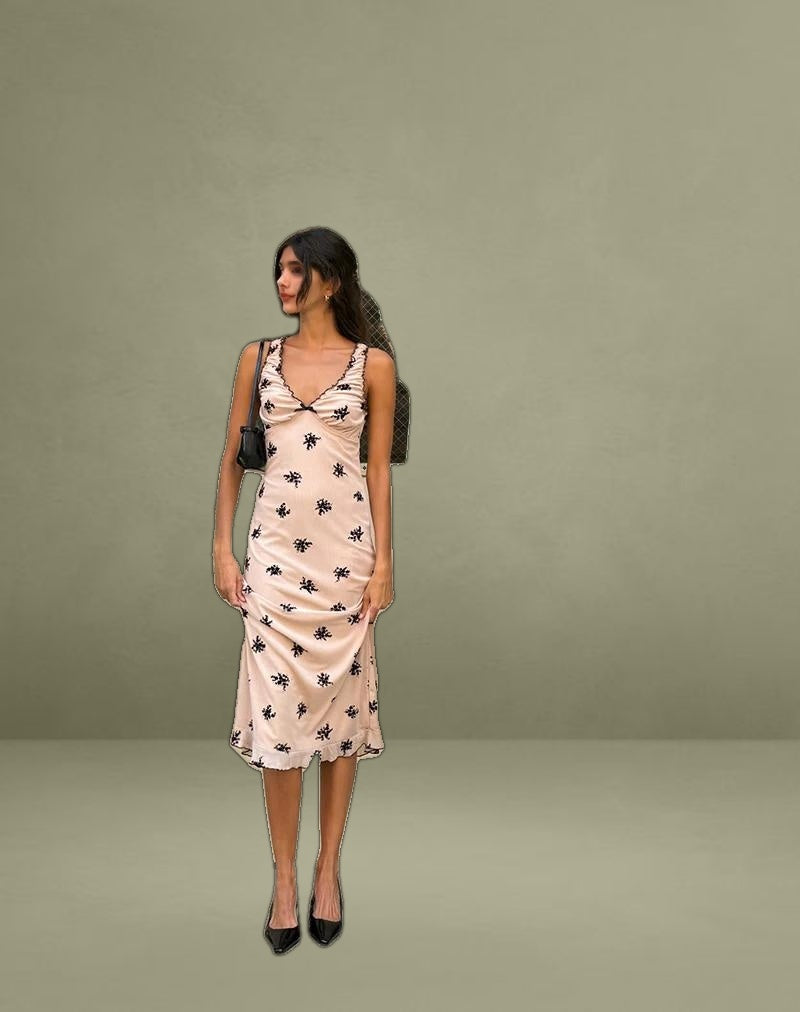 Gandira Midi Dress in Cluster Ditsy Floral Flock Nude