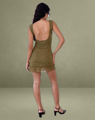 Renata Mini Dress in Textured Moss Green