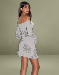 Kausar Off Shoulder Mini Dress in Lace Flower Grey