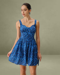 Blue Floral U-Neck Shirred Mini Dress