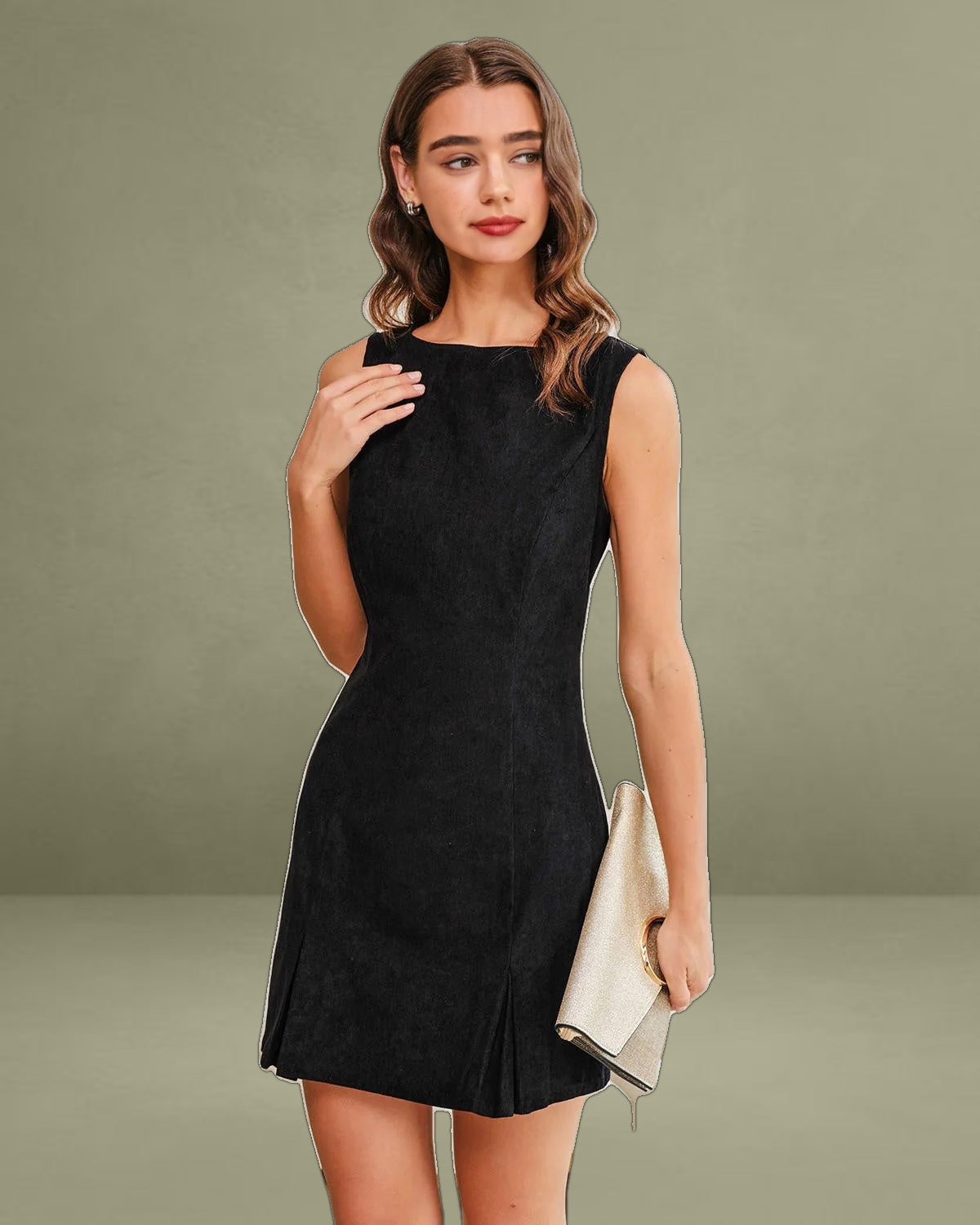 Black Boat Neck Corduroy Sleeveless Mini Dress