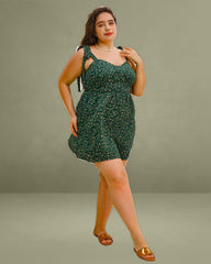 Green Floral Tie Strap Plus Size Mini Dress