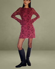 Sevila Long Sleeve Mini Dress in Flocked Botanical Flower Maroon