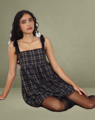 Mikayla Square Neck Mini Dress in Navy and Mustard Check