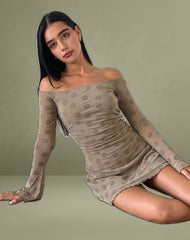 Kausar Off Shoulder Mini Dress in Daisy Flock Light Brown