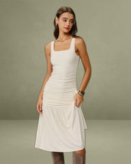 Beige Ruched A-Line Slip Midi Dress