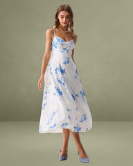 Blue Floral Shirred A-Line Slip Maxi Dress
