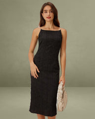 Black Textured Bodycon Beaded Strap Midi Dress