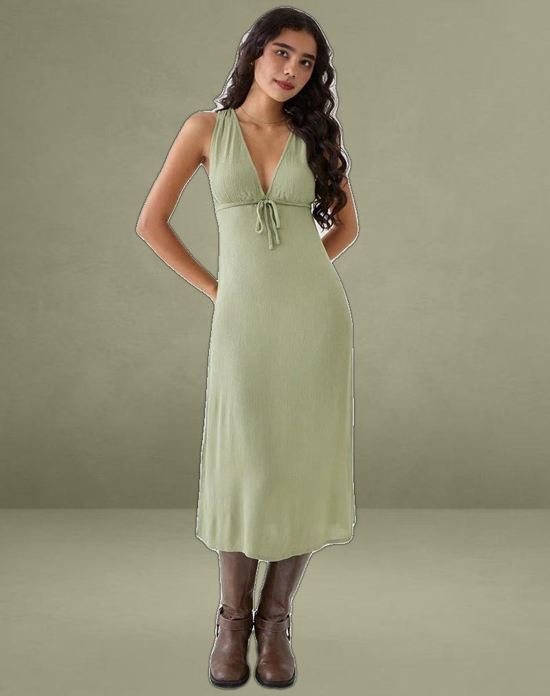 Havisla Tie Front Midi Dress in Sage Green