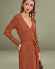 Caramel Knit Wrap Midi Dress
