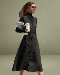 Black V Neck Belted Sleeveless Midi Dress