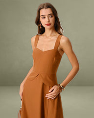 Caramel Sweetheart Neck Slip Midi Dress