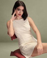 The Beige Boat Neck Textured Mini Dress