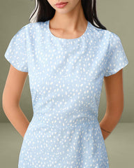 Blue Round Neck Button Slit Midi Dress