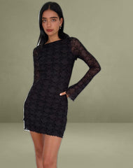 Sevila Long Sleeve Mini Dress in Black Queen of Heart Flock