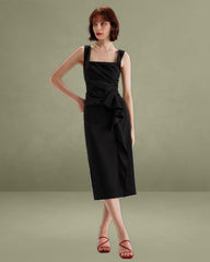 Black Ruffle Ruched Slip Midi Dress