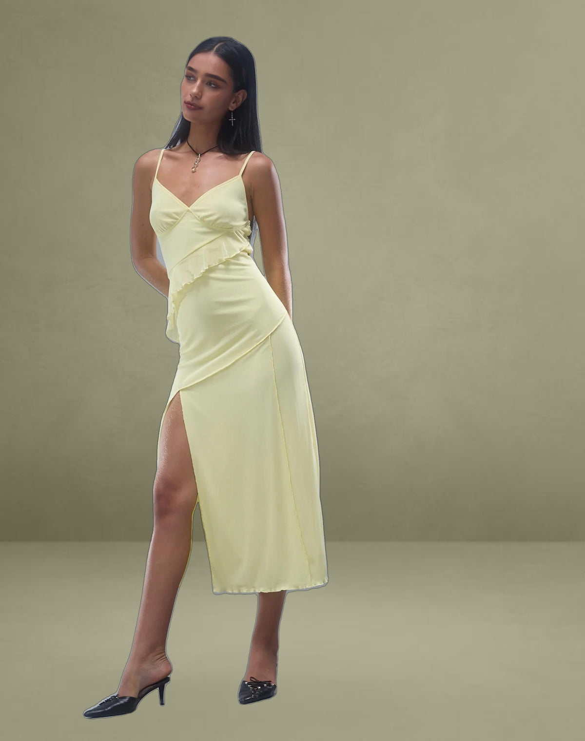 Jacy Ruffle Midi Dress in Mesh Lemon