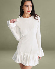 White Splicing Sweater Mini Dress