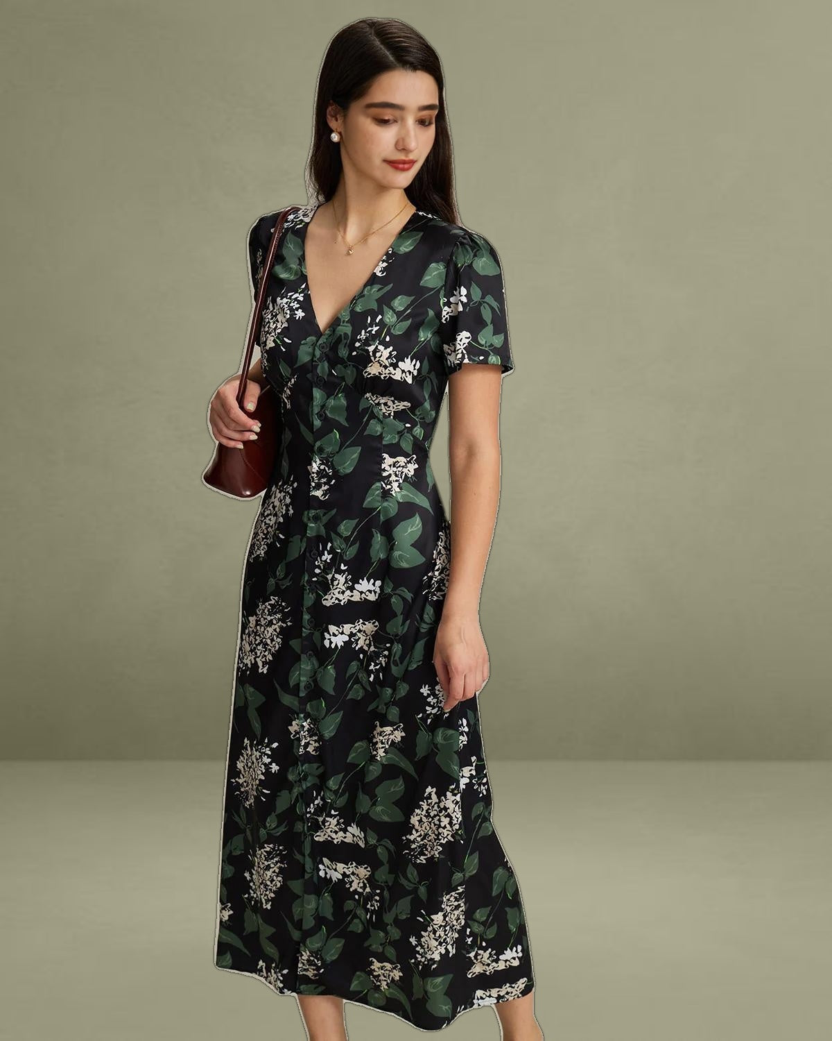 Black V Neck Floral Midi Dress