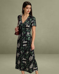 Black V Neck Floral Midi Dress