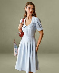 Blue U Neck Puffed Sleeve Pleated Midi Dress