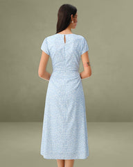 Blue Round Neck Button Slit Midi Dress