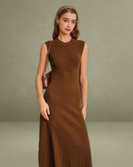 Brown A-Line Sleeveless Sweater Dress