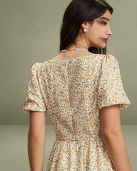 Yellow Floral Puffed Sleeve Midi Dress