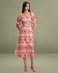 Women's Geometric Embroidery Ruffle Cotton Midi Dress