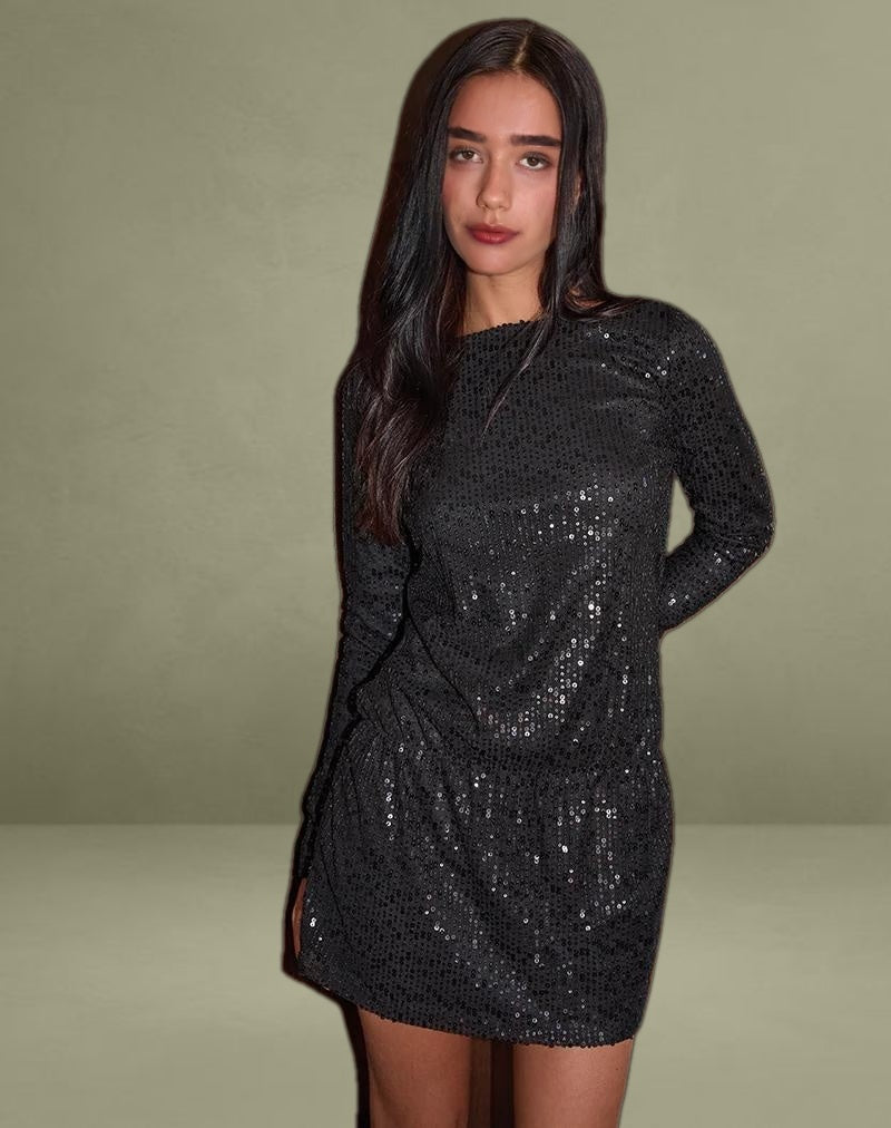 Jasilia Long Sleeve Mini Dress in Gauzy Sequin Black