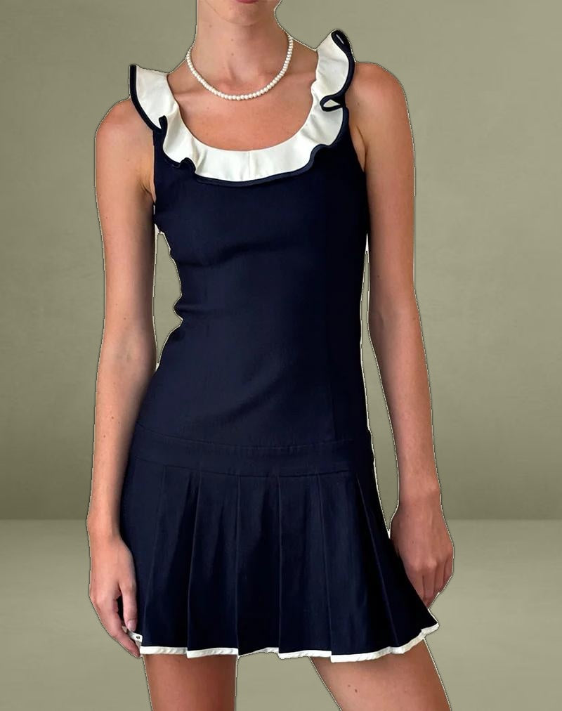 Busari Frill Neck Mini Dress in Navy