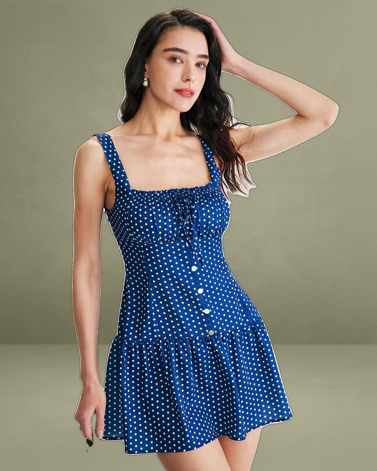 Blue Polka Dot Ruched Slip Mini Dress