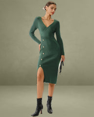 Green Slit Wrap Sweater Dress