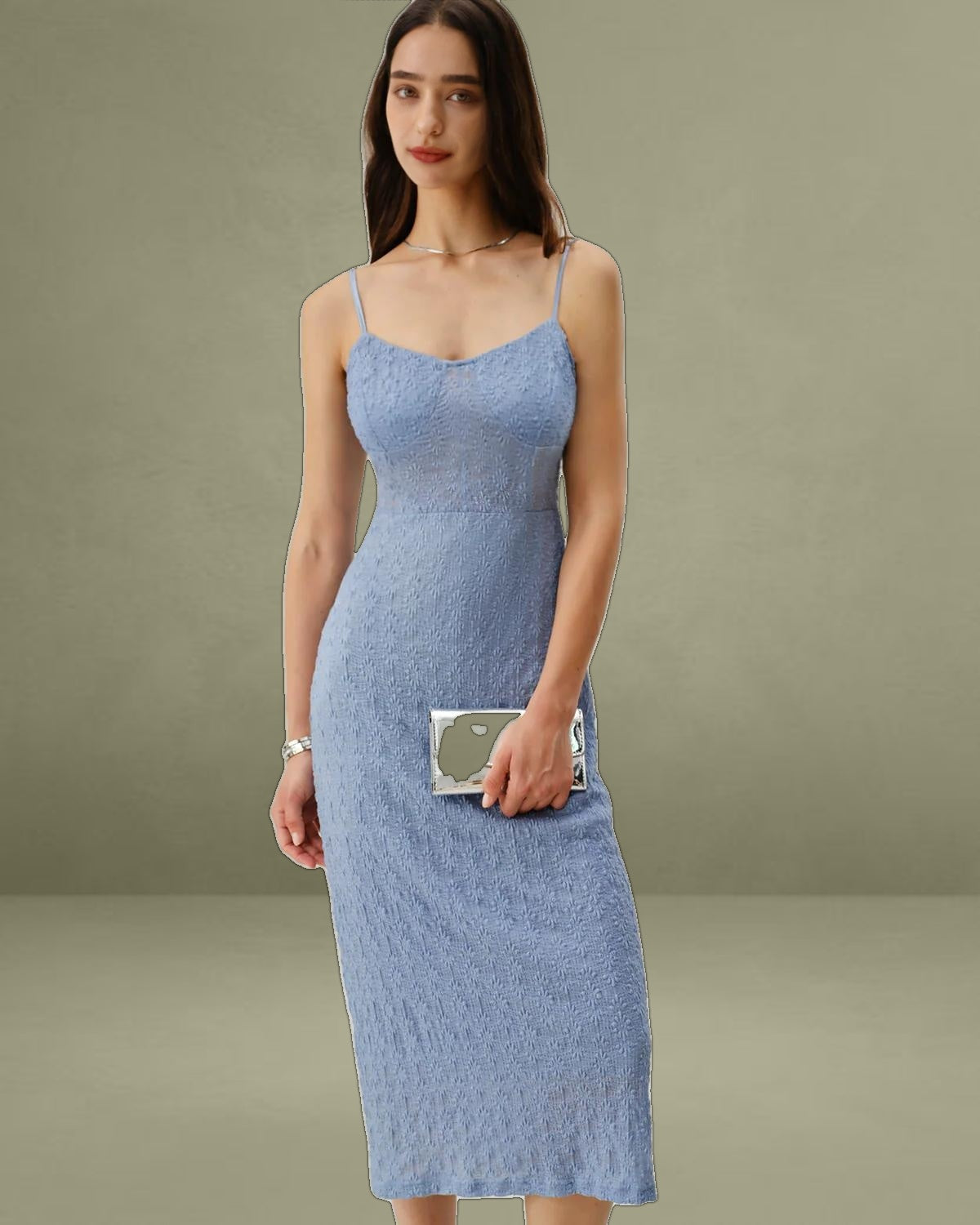 Blue Lace Slip Bodycon Midi Dress