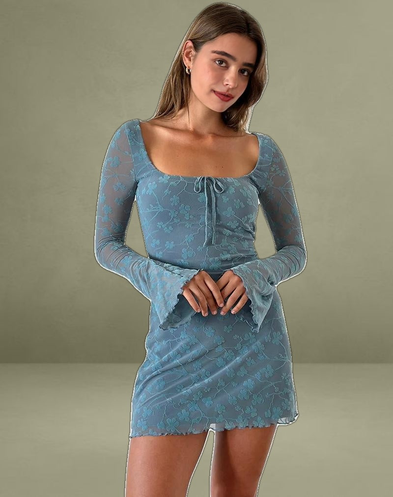 Tatyana Mini Dress in Grunge Floral Blue Grey